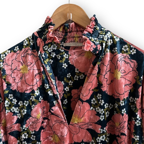 Zara Trafaluc Balloon Sleeve Floral Velvet Midi Dress Size S - Picture 5 of 8
